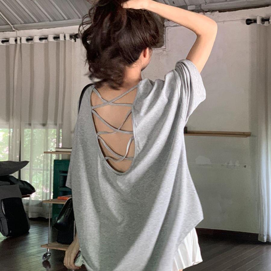 Übergröße T-Shirt mit offenem Rücken und kurzen Ärmeln für Damen - 2026 Sommer Lässiges lockeres mittellanges Oberteil