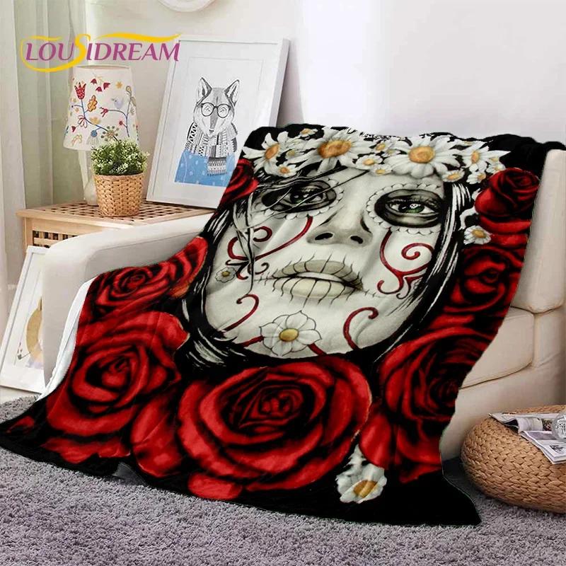Totenkopf Totes Mädchen 3D Gothic Horror Weiblich Rose Weiche Flanelldecke für Betten Schlafzimmer Sofa Picknick, Überwurfdecke zum Zudecken Freizeit