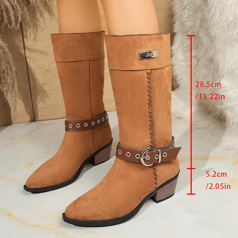 

Fashion Belt Buckle Thick Heels Western Boots Women Retro Slip On Pointed Toe Knee High Boots Woman Plus Size Knight Long Botas Mujer 42 коричневый