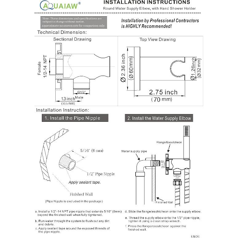 Aquaiaw Wall Supply Elbow with O-Ring Flange, Tapered 1/2 NPT Female Inlet, Solid Brass Wall Union W/Handshower Holder, Round Wall Supply Elbow