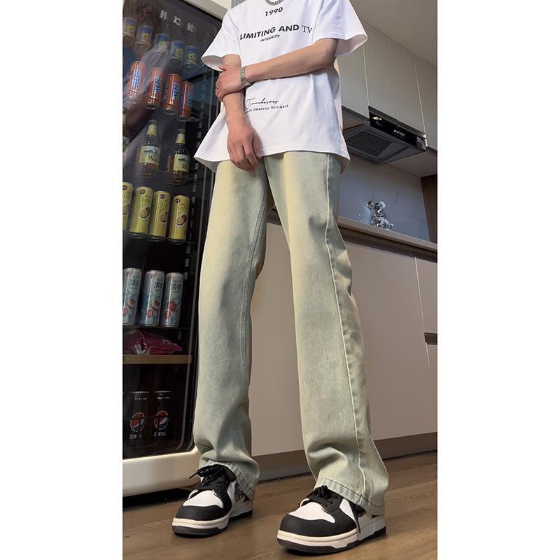 Light Blue Men's Flared Machete Jeans - Versatile American High Street Style, Straight Leg Summer Pants.