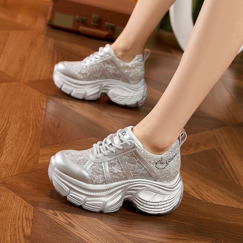 Thick-soled Rhinestone Dad Shoes Women's 2025 Summer New Inner Height-increasing Women's Shoes Breathable Mesh Fashion Versatile Casual Shoes