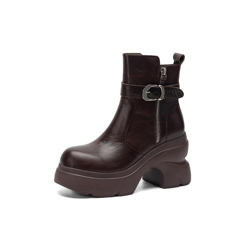 Womens Black Fashion Thick Sole Platform Short Boots Round Toe Chunky Heel Side Zip Motorcycle Fall Winter
