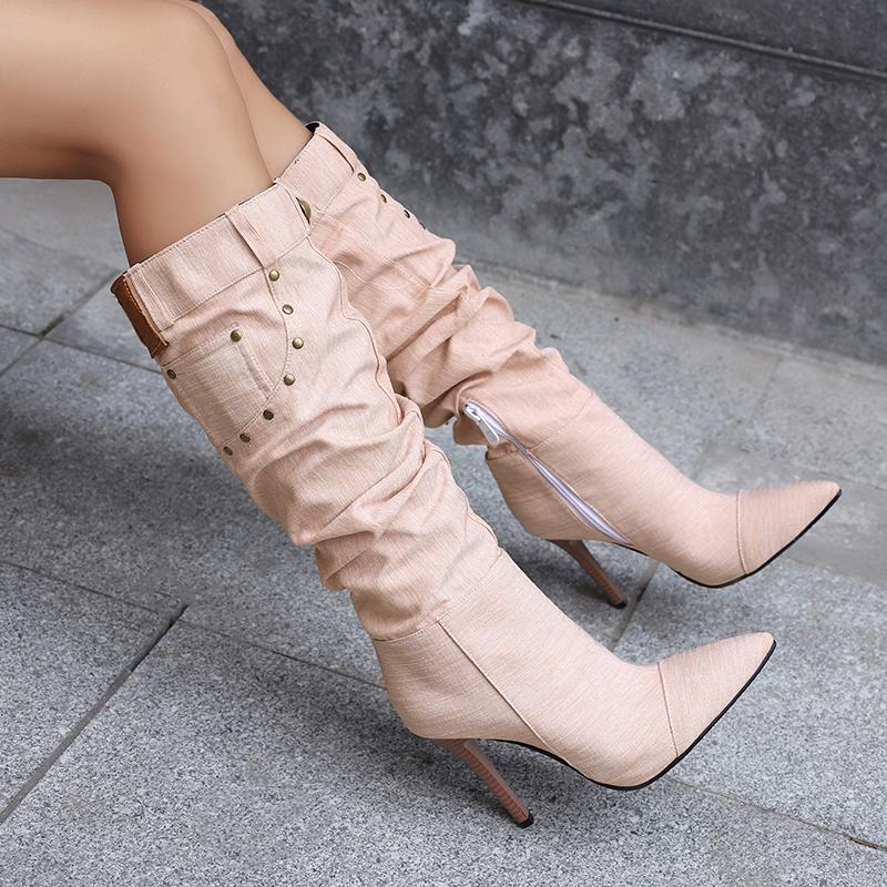 Women's High-heeled Boots Sexy European and American Style Pointed-toed Thin-heeled Large-size Cowboy Mid-boots