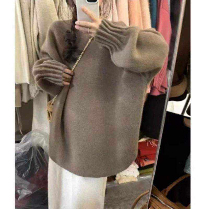 Crew neck retro cuff pleated knitted sweater women's autumn and winter new versatile loose soft waxy solid color pullover sweater