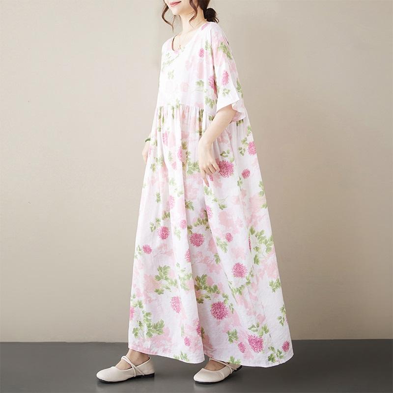 Krátký rukáv Velké bavlněné vintage květinové nové šaty pro ženy ležérní volné dlouhé letní šaty