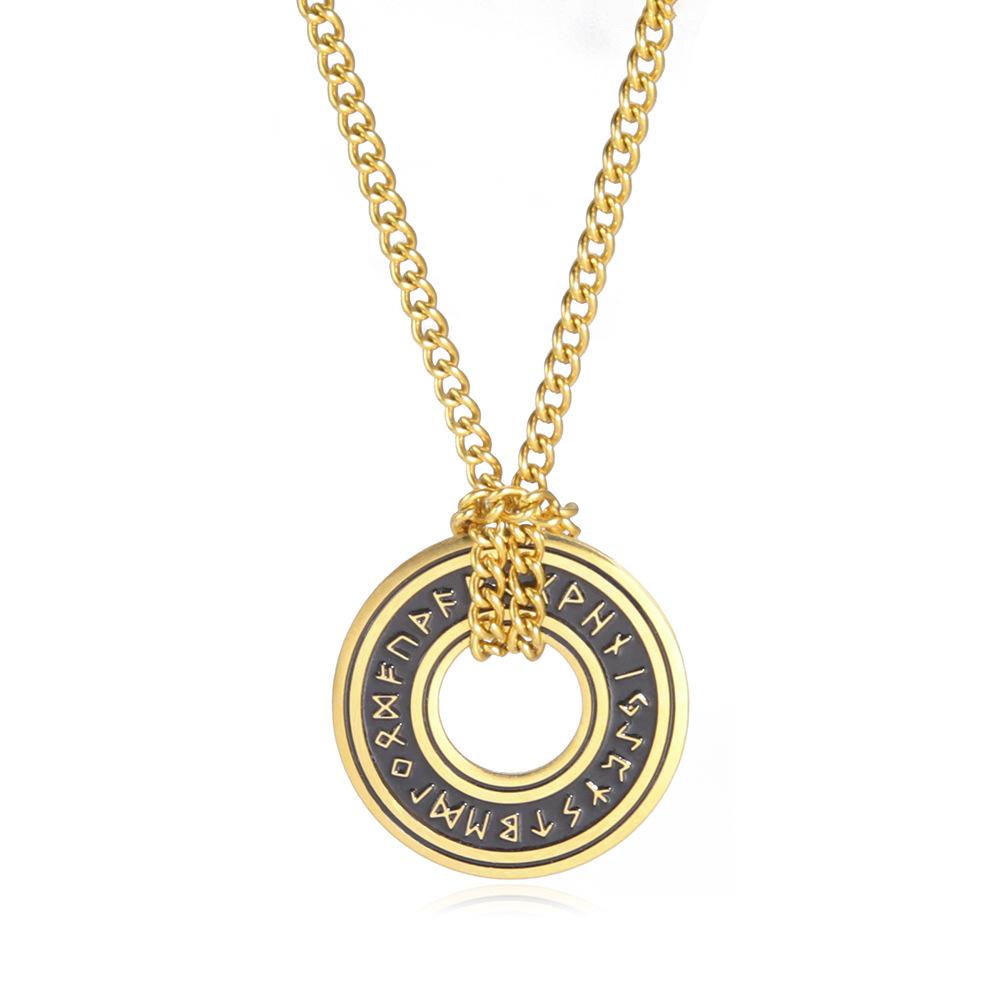 Collier Pendentif Rune Cercle Creux Découpé en Acier Titane Vintage avec Cordon en Cuir
