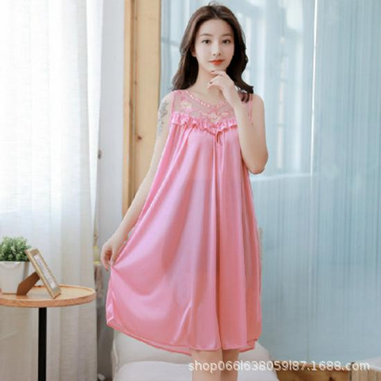 Damenunterwäsche aus Kunstseide für Frühling/Sommer: Sexy Nachthemd aus Eisseidenspitze mit großem Swingrock für den Heimgebrauch in Unifarben.