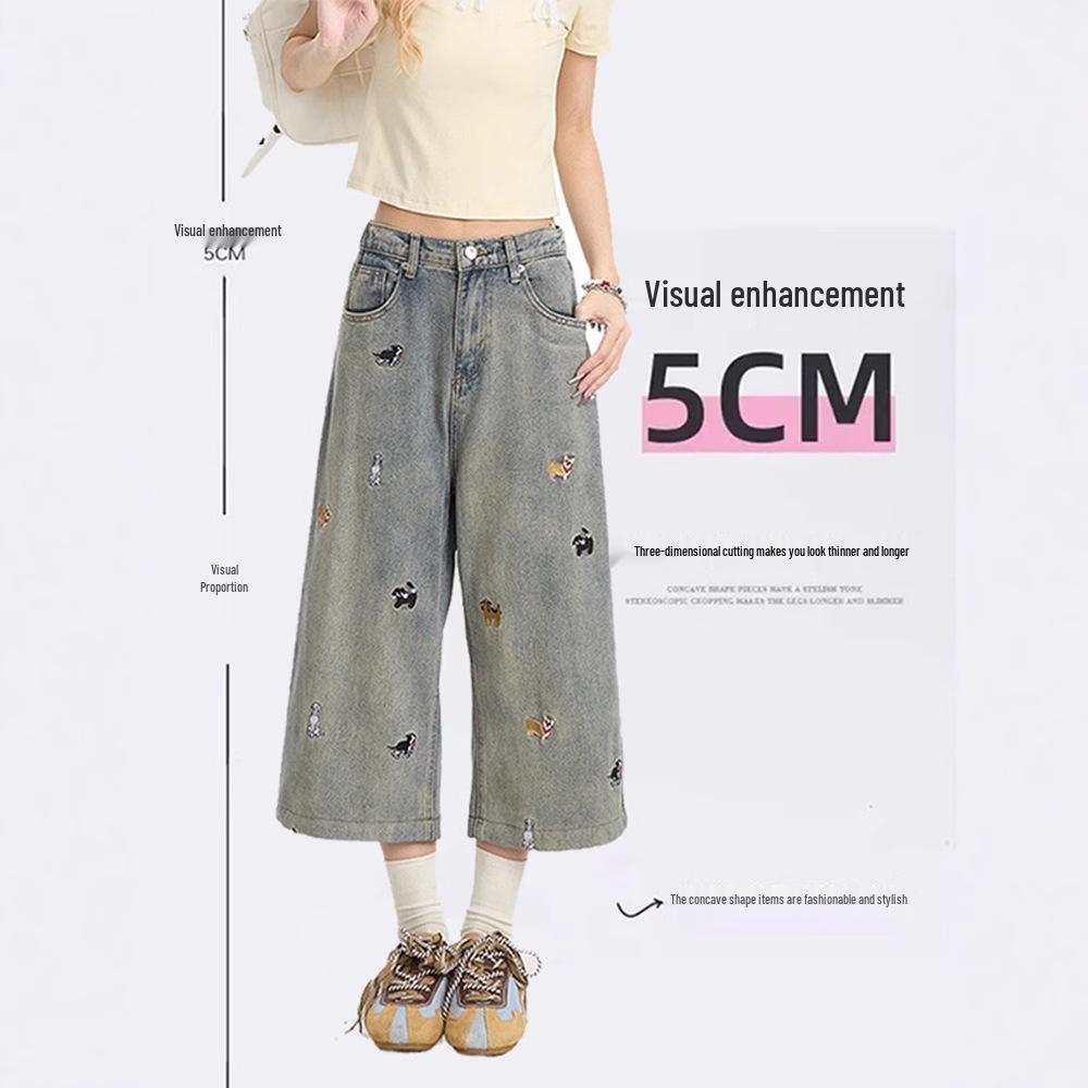 Women's Slimming Plus Size Embroidered Denim Capri Pants - Summer 2025 Wide-Leg Design for Pear-Shaped Body