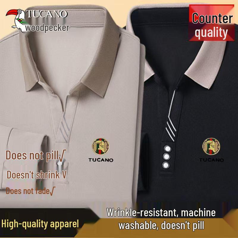 Woodpecker Men's Long-Sleeve Solid Color Polo Shirt with V-Turn Collar for Spring and Autumn.