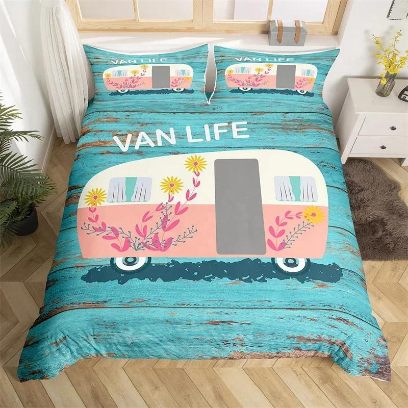 Western Cowhide Duvet Cover King Size Happy Camping Bedding Set Polyester Farmhouse Style Comforter Cover For Travel Rv Bunk Bed