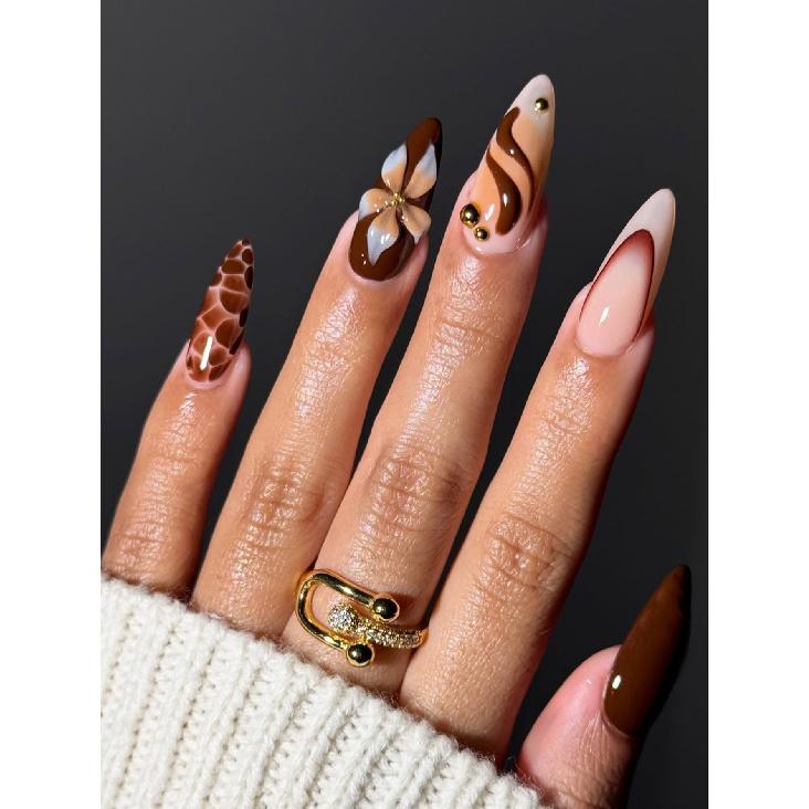 

Long pointed French-style autumn and winter crocodile pattern nail tips, 24-piece wearable fake nails, bestseller Brown RY-01-71Jelly Gel+R