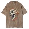 Men's Flame Skull Printed T-shirt Thick Cotton Washed T-shirt,Large Retro Top