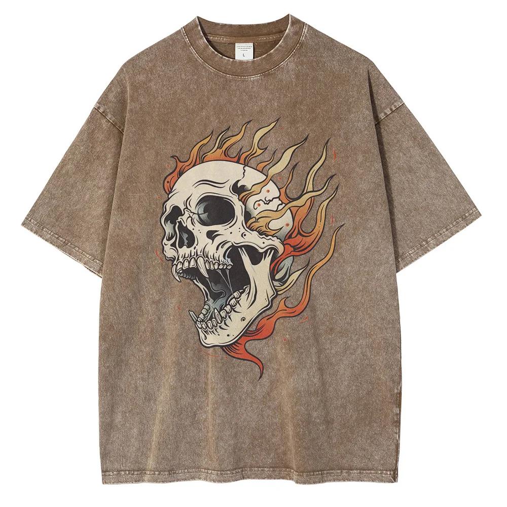 Men's Flame Skull Printed T-shirt Thick Cotton Washed T-shirt,Large Retro Top