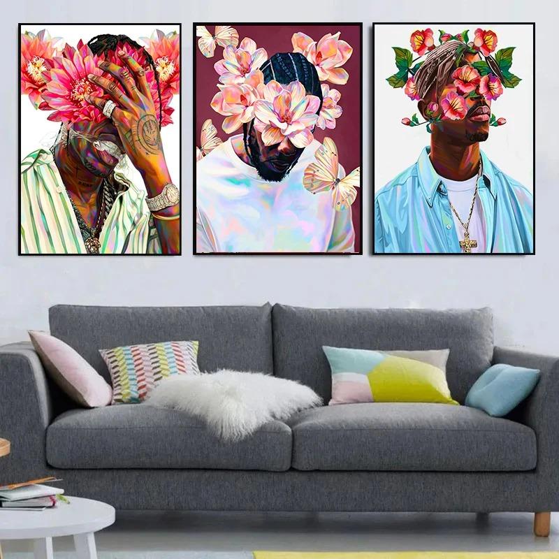 Famous Rapper Star Portrait with Flowers Canvas Painting Hip Hop Singers Abstract Art Posters Prints Wall Art Picture Home Decor