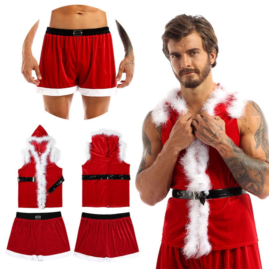 

Men s Santa Claus Sleeveless Faux Fur Trimming Hooded Coat And Boxer Shorts Christmas Costume Outfit Set L