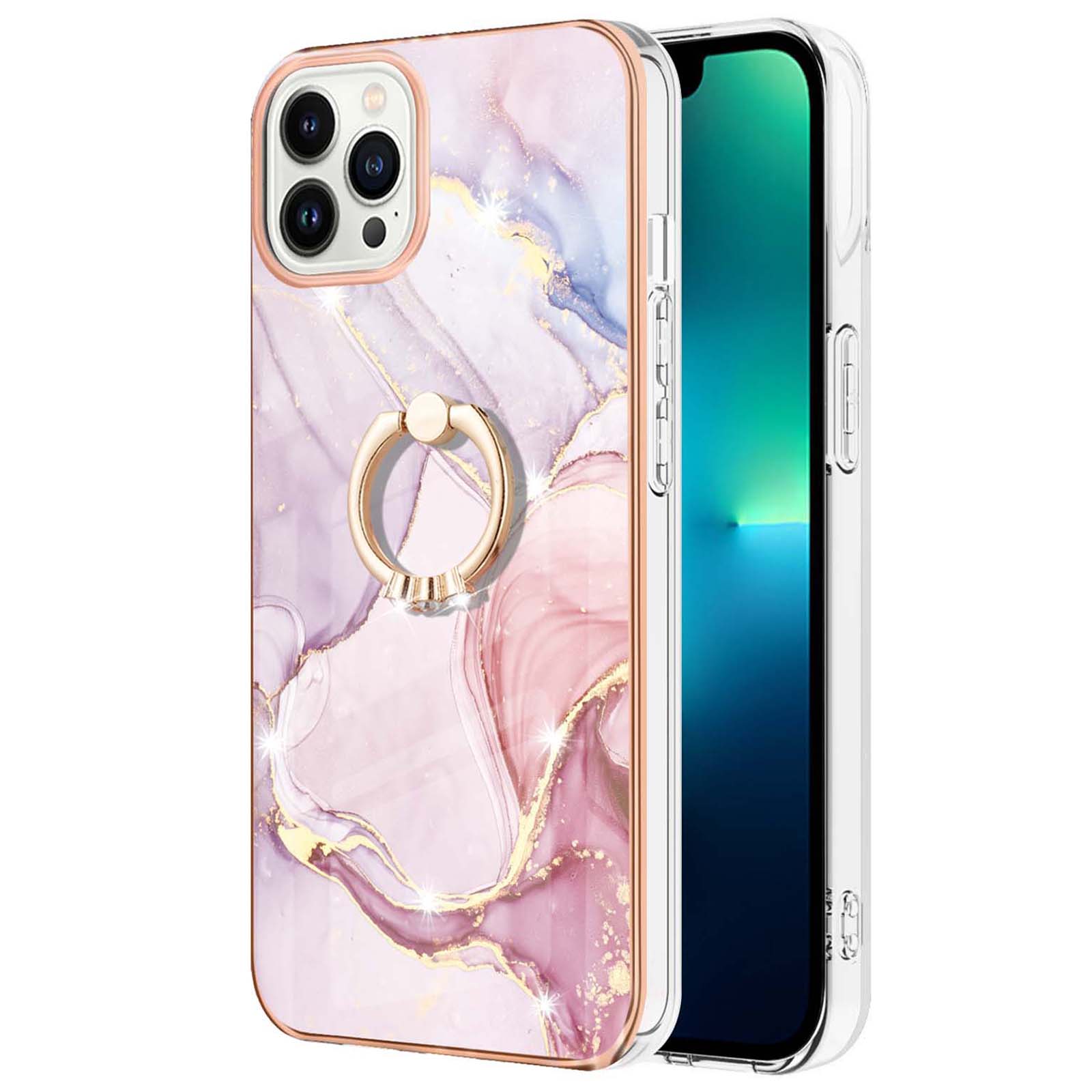 

For iPhone 14 Pro Max Case with Ring Kickstand Marble Pattern Electroplating TPU Back Cover Rose Gold 005