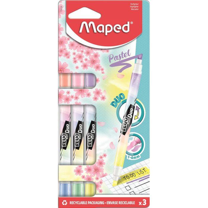 Surligneur - Maped - Fluo'Peps DUO PASTEL - Pointe Biseautée - 2 Couleurs en 1 - 3 pièces