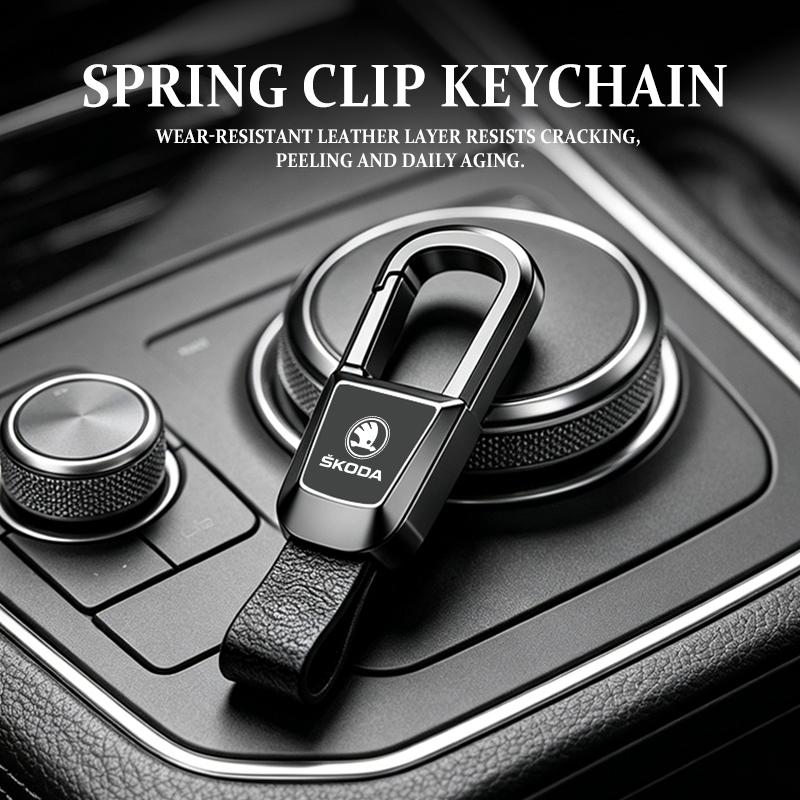 For Skoda Leather Car Keychain Alloy Spring Snap Keyring Kamiq MK3 Roomster Rapid Kodiaq Karoq Fabia Enyaq usbn43