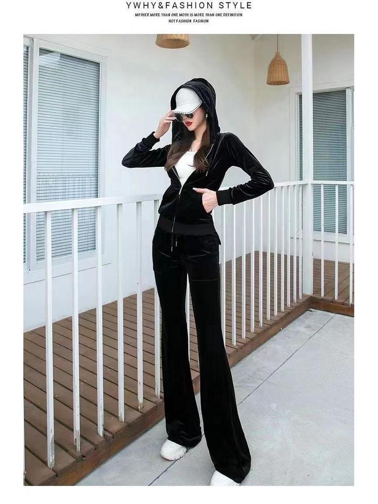 Women's Gold Velvet Tracksuit, 2025 Spring/Autumn Trendy Fashion Casual Hoodie Two-Piece Set