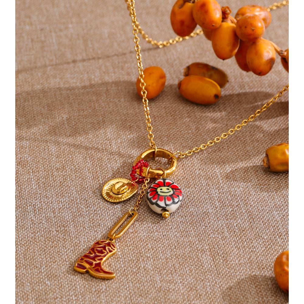 Yhpup 80+5cm Stainless Steel Ceramic Flower Shoes Pendant Long Necklace Stylish Unique Statement Neck Jewelry Handmade Bijoux