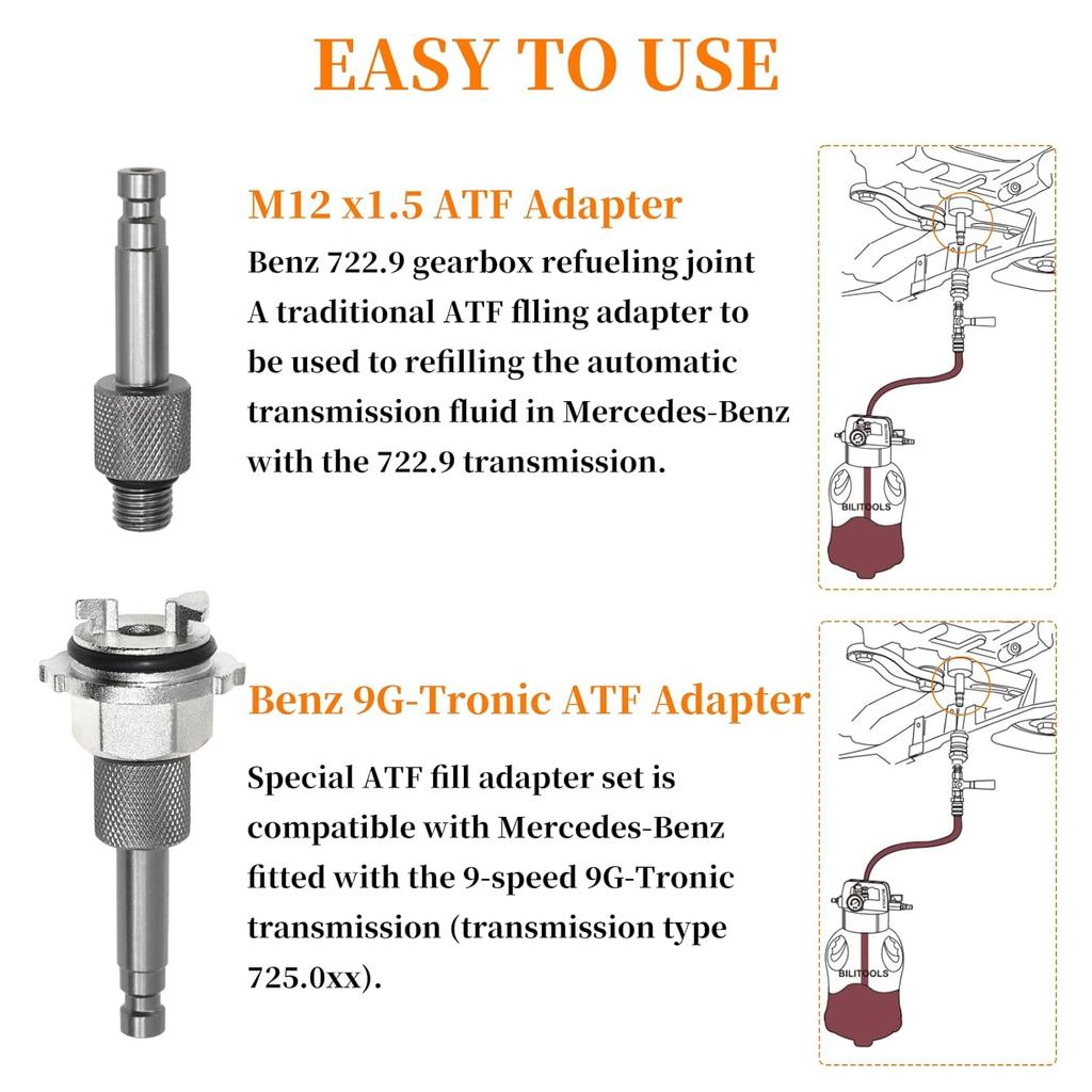 7PCS Metal Transmission Oil Change Filling Tool, Compatible With Mercedes Benz 725.0 8-Speed 9-Speed Transmission, With 9-Speed Hybrid Fuel Filler