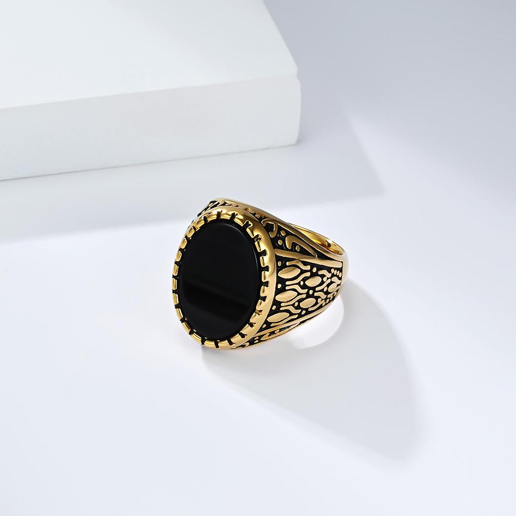 Popular Retro Hand Jewelry Titanium Steel Inlaid Black Gemstone Ring Men's Gold-plated Literary Trend Index Finger Ring