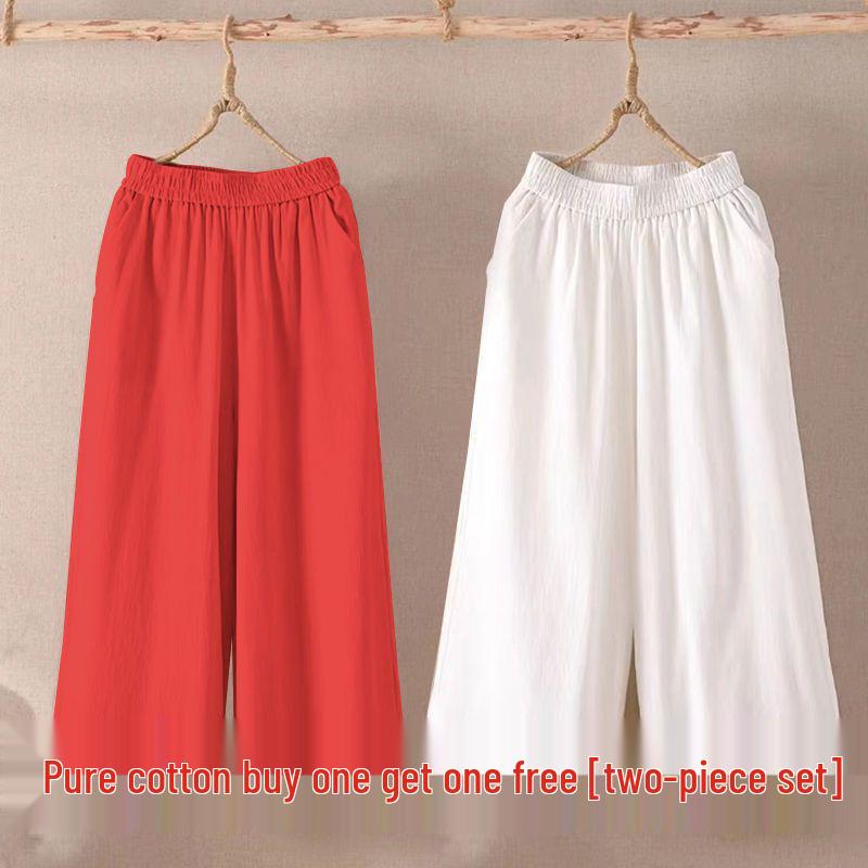 Women's Summer Cotton Linen Wide-Leg Pants: Korean Style, Loose Fit, Plus Size, Versatile Seven-Point Casual Wear.