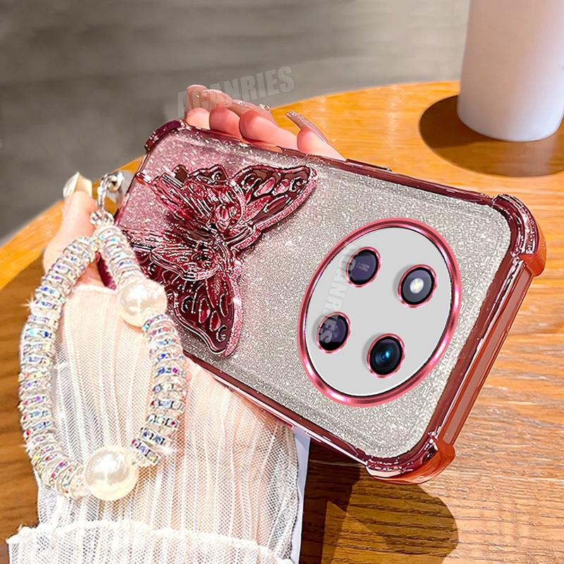 Magic7lite Lanyard Plating Butterfly Holder Silicone Case For Honor Magic 7 6 5 Magic7 Lite Pro X9c Shockproof Stand Back Cover