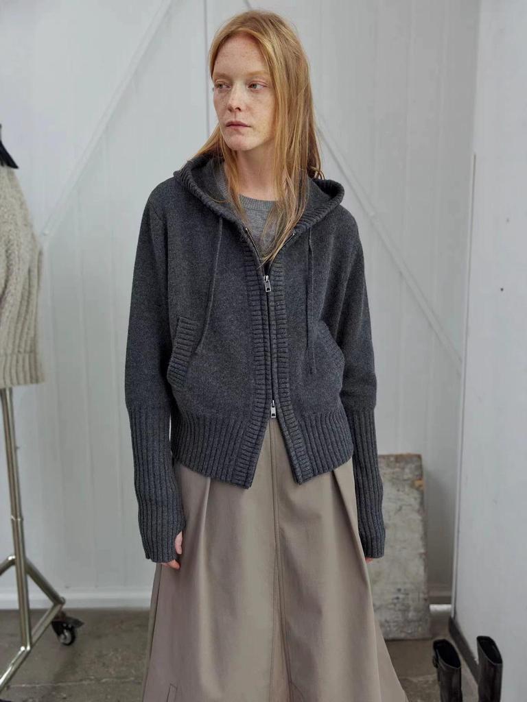 Women's Hooded Double Zipper Wool Cardigan - Thick, Long Sleeve, Pocketed Sweater Coat