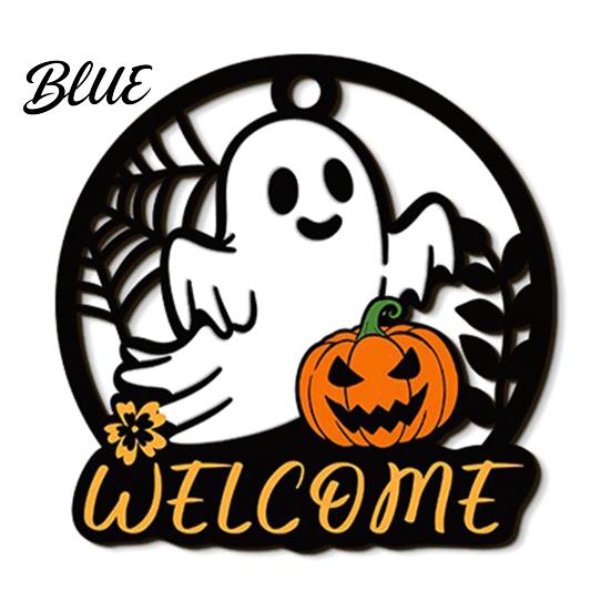 Rustic Pumpkin Door Decor Halloween Ghost Round Wooden Welcome Hanger Wall Plaque Tiered Tray Ornaments with Rope Hanging for Front Living
