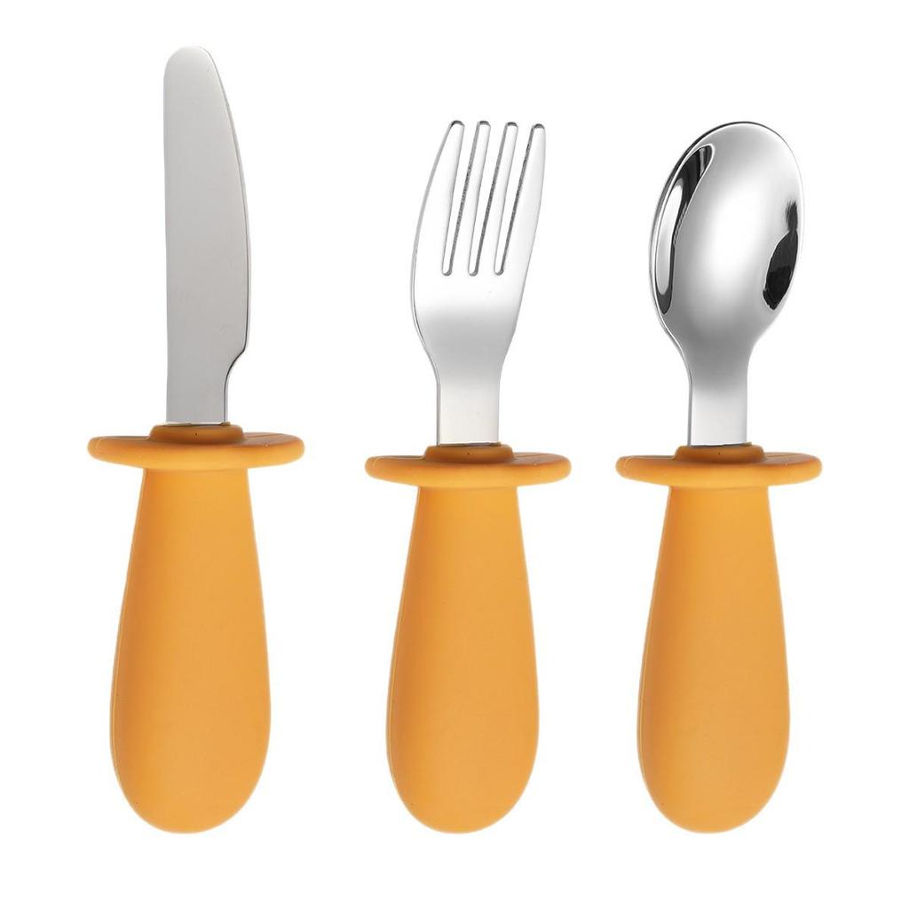316 Stainless Steel Children's Utensil Set: Knife, Fork, Spoon with Silicone Handle for Infants and Toddlers, Portable Design for Mealtime.