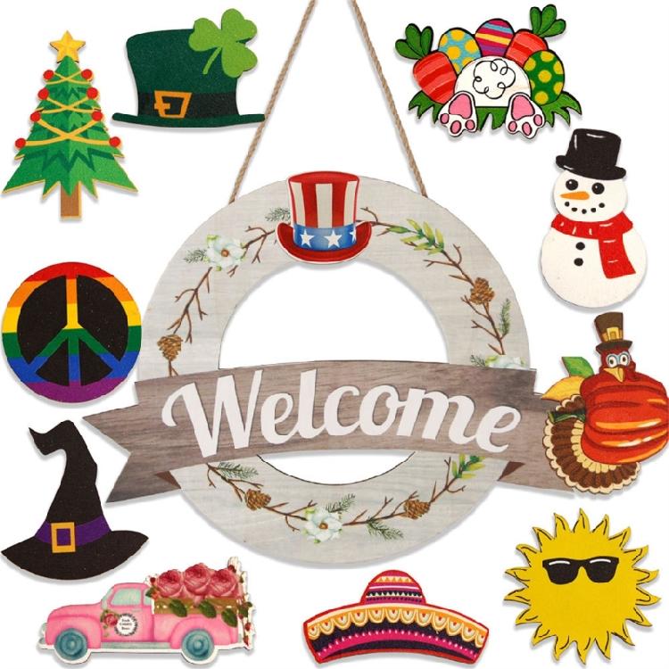 Interchangeable Welcome Sign Round Wood Wreath Wall Hangings Outdoor Farmhouses