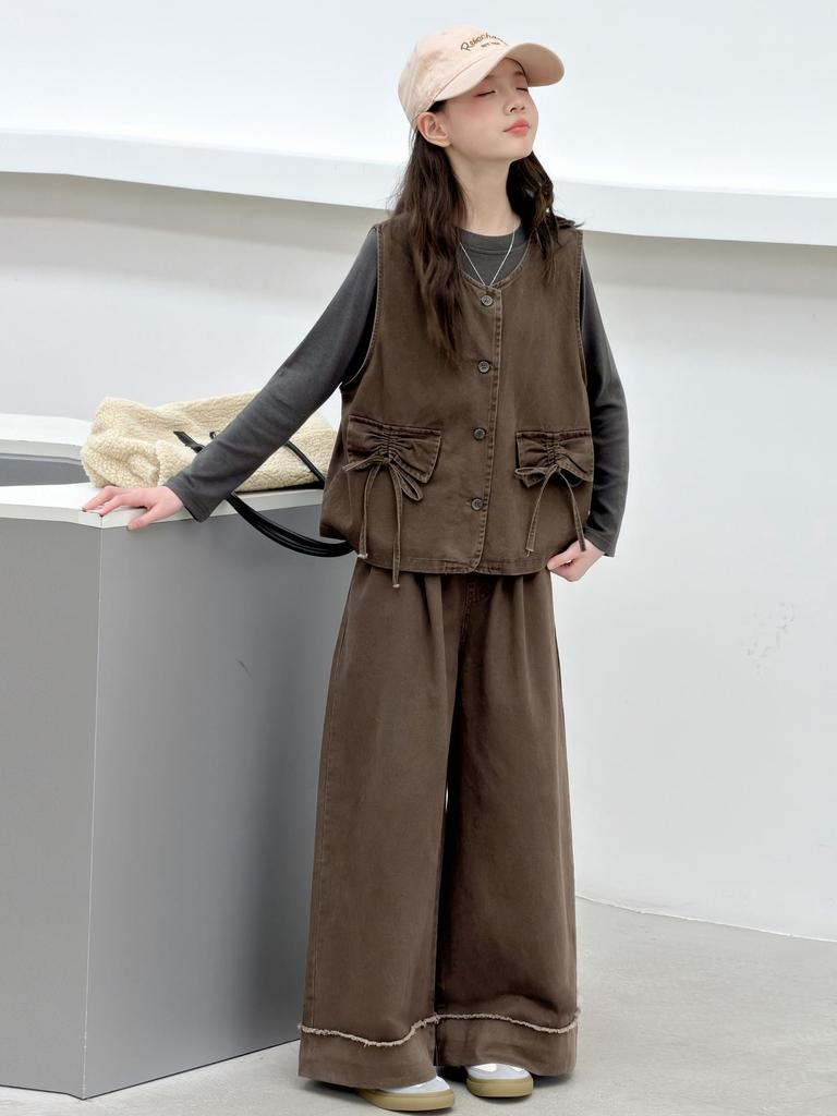 Meilade Girls' Autumn 2026 Three-Piece Set: Bowknot Vest, Base Layer Shirt, Wide-Leg Pants for Medium and Older Kids.
