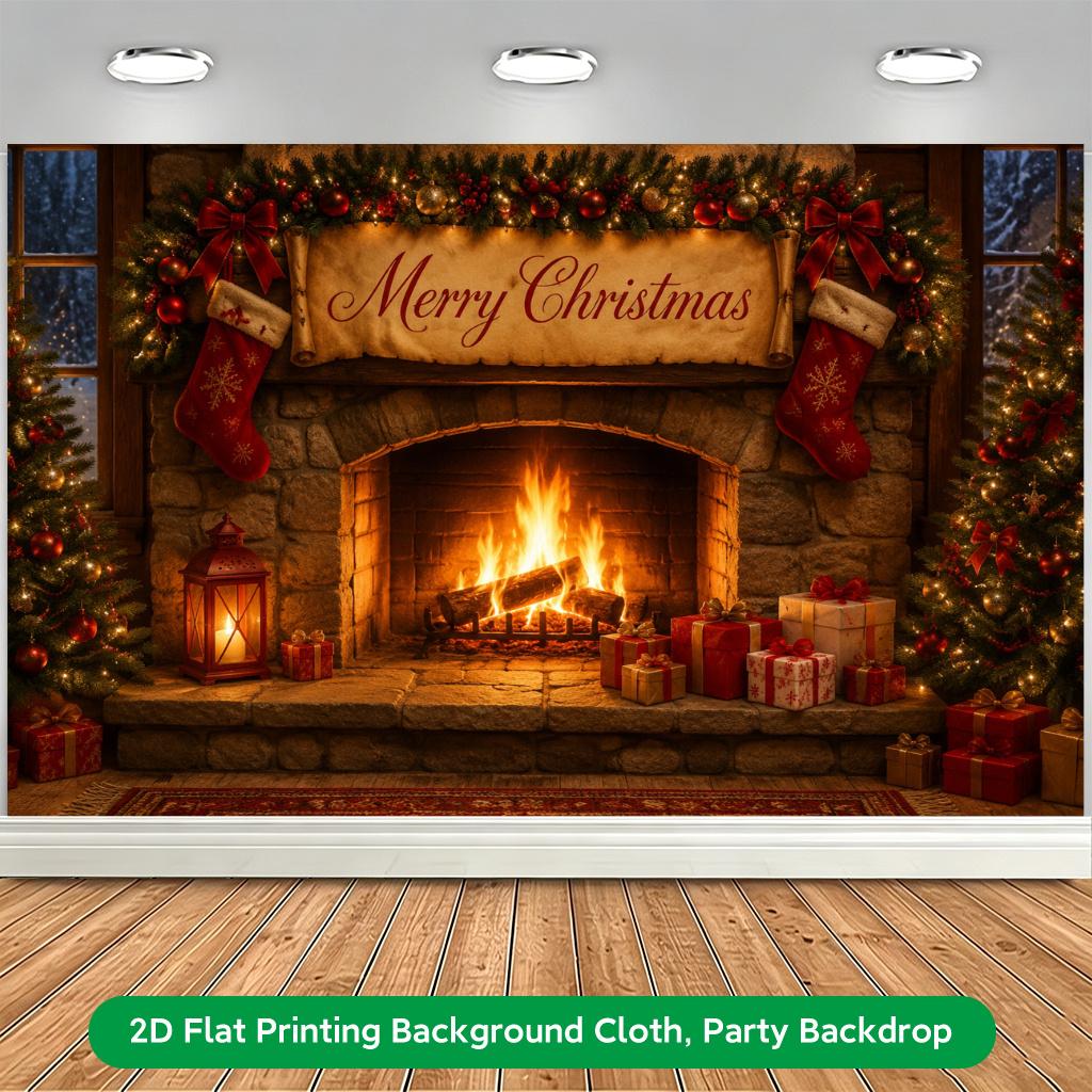 1Pcs Cozy Fireplace Stacked Gifts Holiday Decoration Background Winter Backdrop Decorations For Photo Studio Photo Booth Party