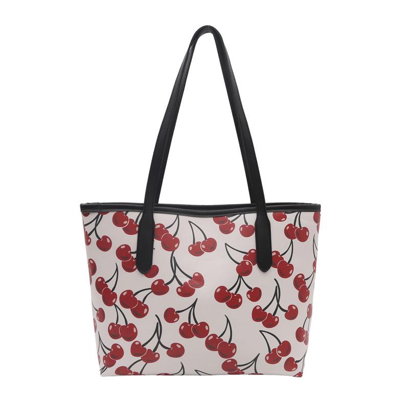 Cherry Print Large Capacity Tote Bag Faux Leather Shoulder Handbag Trendy Street Style Commuter Purse for Women