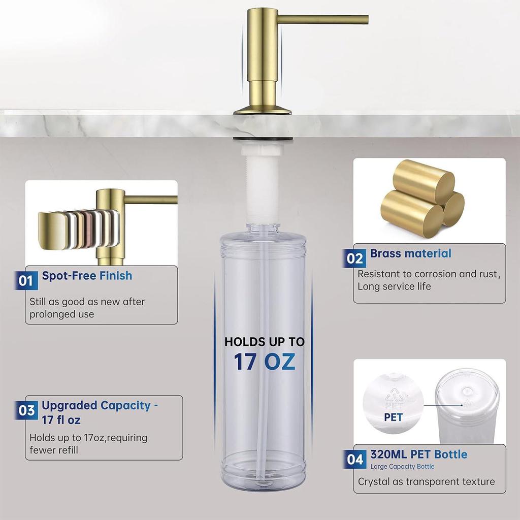 Gebürsteter Champagner-Gold-Messing Druckknopf-Spülbecken-Seifenspender, 500ml Arbeitsplatten-Handdesinfektionsmittel für die Küche.