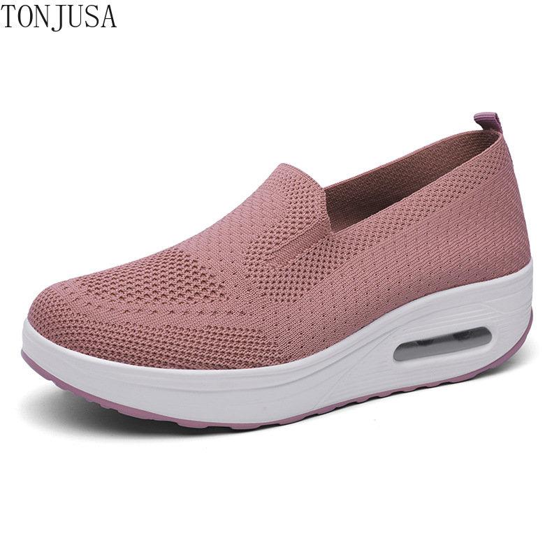 Lazy Thick Sole Heightened Air Cushion Sports Fly Woven Mesh Breathable Casual Women's Shoes