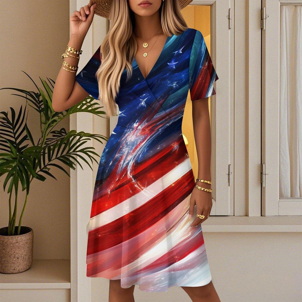 Women's Summer Fashion Independence Day Printed Dress Casual Beach A-line V-neck Loose Sundress