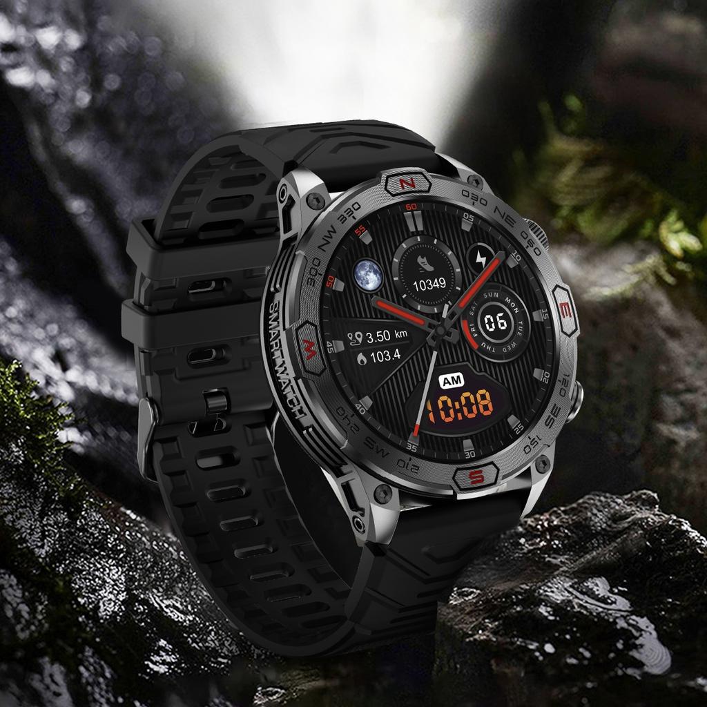 Rainbuvvy KC86 Outdoor-Sportuhr 1,43-Zoll-Bildschirm Bluetooth-Anruf Herzfrequenz Kalorien Höhe Druck Kompass Taschenlampe Bluetooth Smart Watch