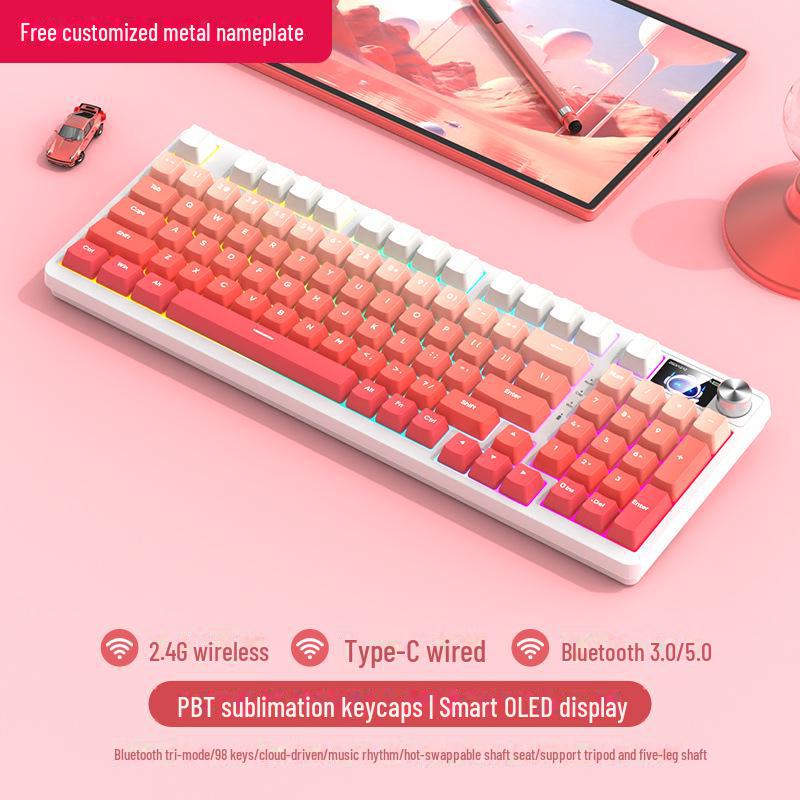 Tastatură mecanică de gaming wireless Bluetooth tri-mode cu 98 de taste și comutatoare personalizabile (Albastru, Negru, Ceai, Roșu) și design cu înlocuire la cald.