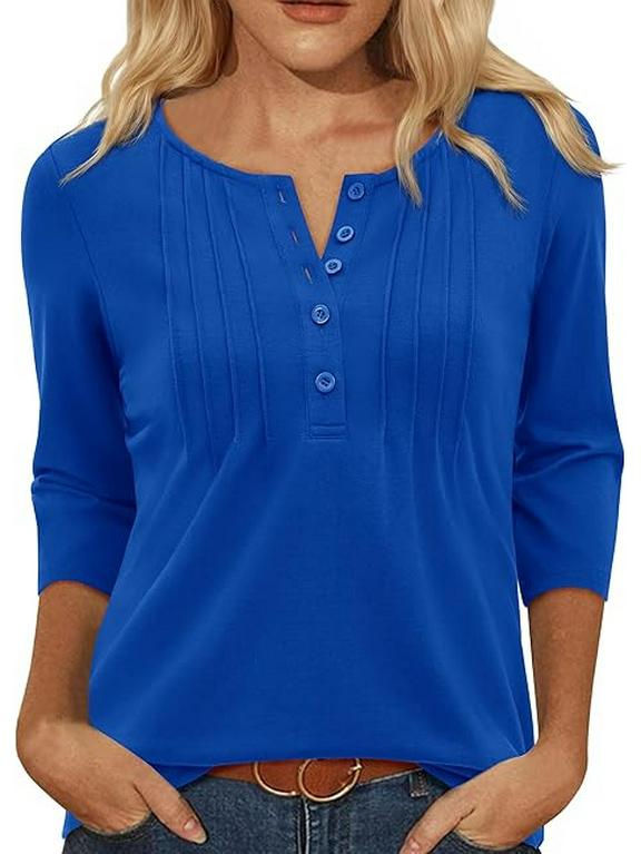 Women's Summer 2025 Fashionable Pleated Mid-Sleeve Top with Low Round Neck.