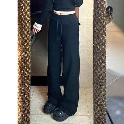 New Straight Wide-leg Floor Wide-leg Versatile Casual Elastic Waist Solid Color Slings In Autumn and Winter