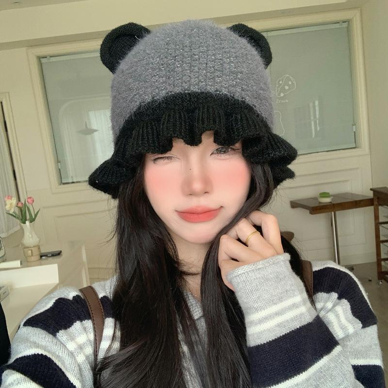 Cute Bear Ear Lace Wool Knitted Hat In FallSeason and ColdSeason Sweet and Versatile Warm Hat Outside Cold proof Hat