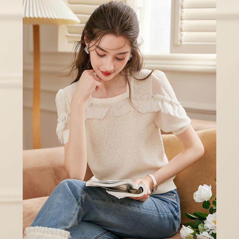 Bailuyu Elegant Square Collar Jacquard Short Sleeve Knitted Top L