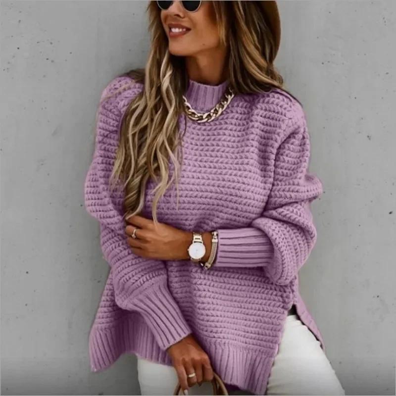 Knit Sweaters Women Half High Collar Full Sleeve Thick Splice Jumpers Solid Casual Split Pullovers Office Lady Elegant