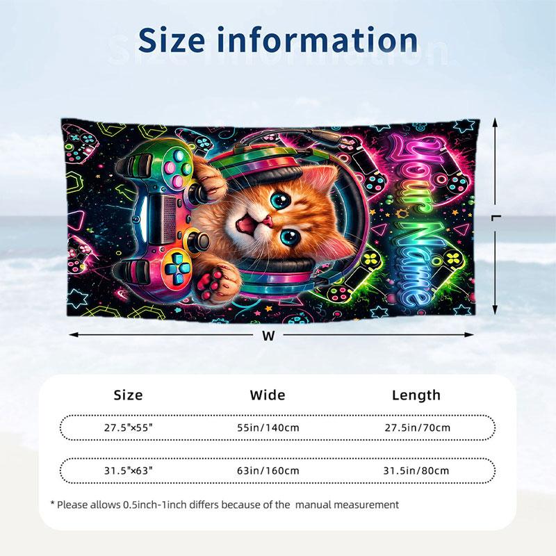 Cat Theme Beach Towel Personalized Custom Name & Text Soft Quick Dry Beach Towel for Swimming Travel