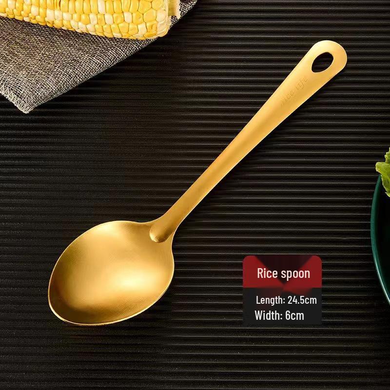 Korean Style Gold-Plated Stainless Steel Kitchen Utensil Set: Non-Magnetic Ladle, Slotted Spoon, and Frying Spatula.