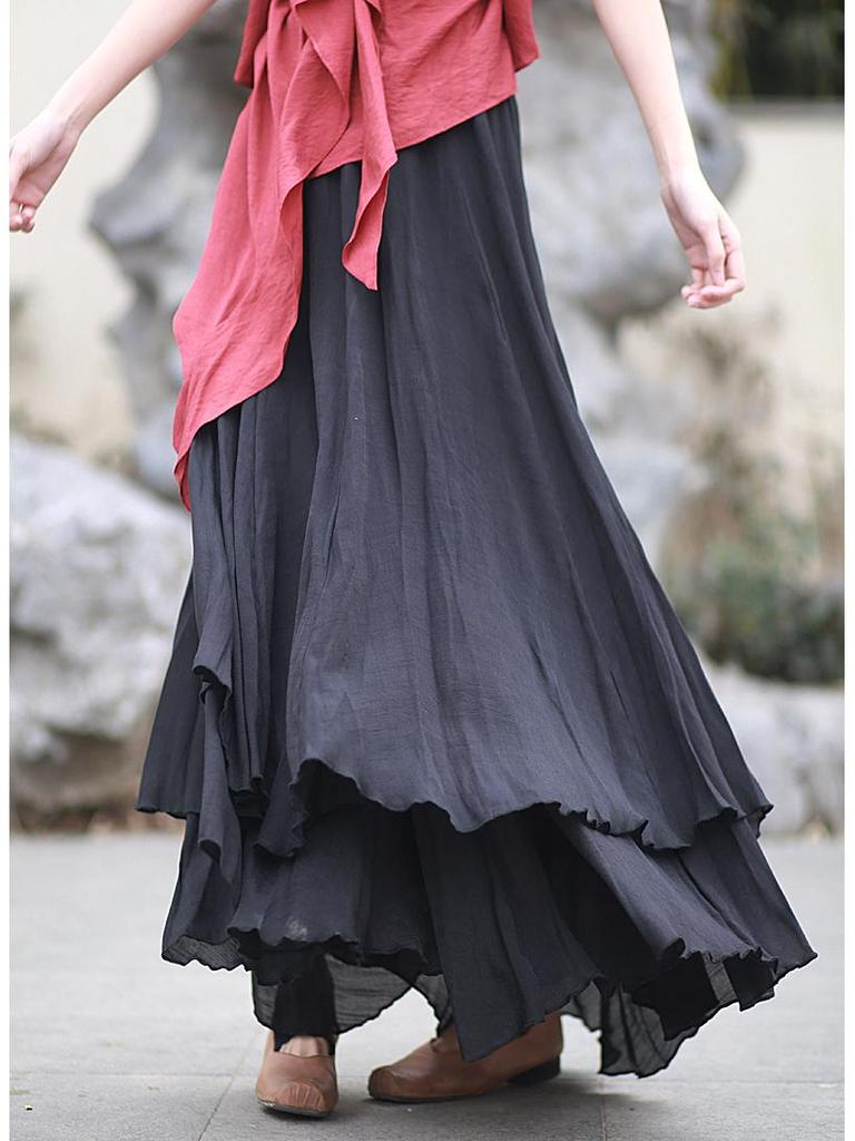 25 Jarní/Letní Chladný Tón Tencel Bambus Vrstvená Dvouvrstvá Maxi Swing Midi Sukně