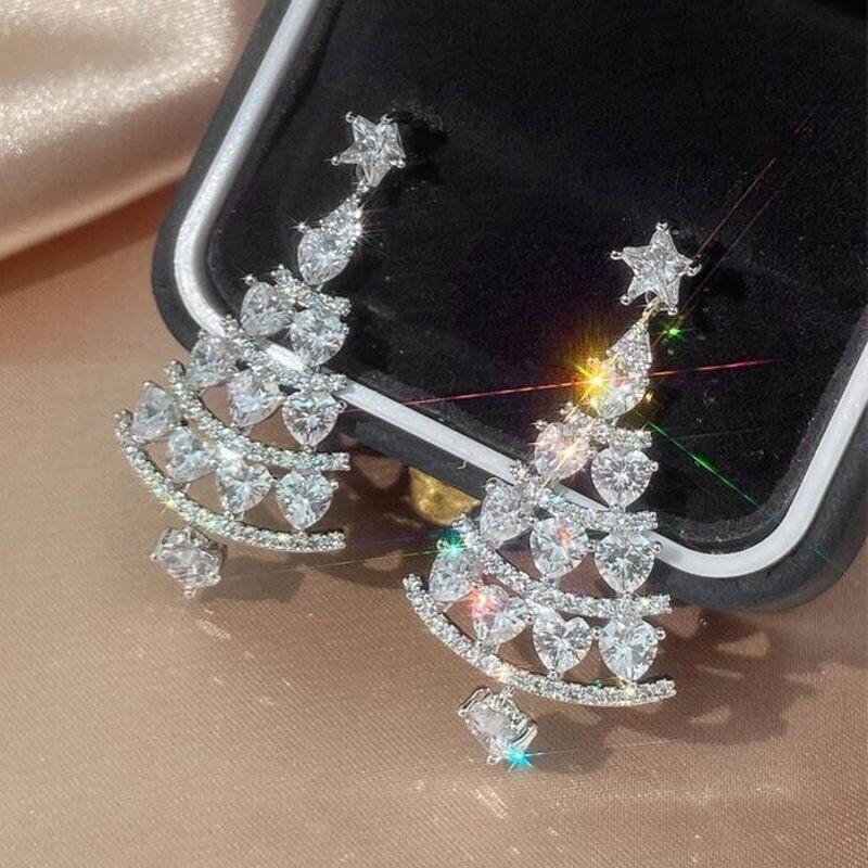 Shiny Christmas Tree Zircon Crystal Star Silver Plated Earrings Stud For Women Dangle Xmas Party Jewelry Party Gift